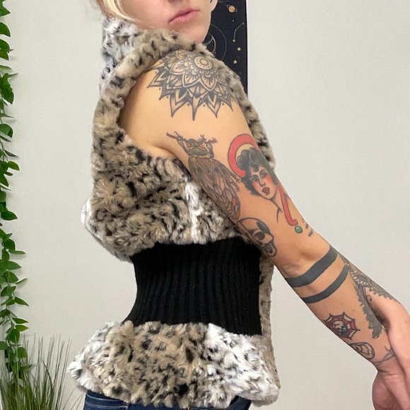 SALONI Full Zip Faux Fur Vest Jacket Leopard Print Size S Brown/White - Picture 6 of 6